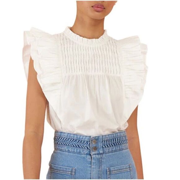 Magali Pascal Odella Off White Ruffle Shirred Yoke Cotton Top Size M NWT - Picture 1 of 10